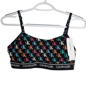 NWT CALVIN KLEIN Archive Logo Bralette Bra BLACK BLUE PINK size S Lightly Lined